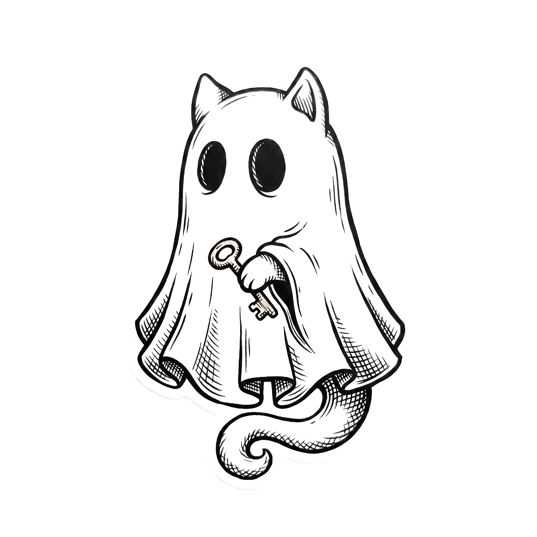 A cat ghost curled around a key, inviting you in